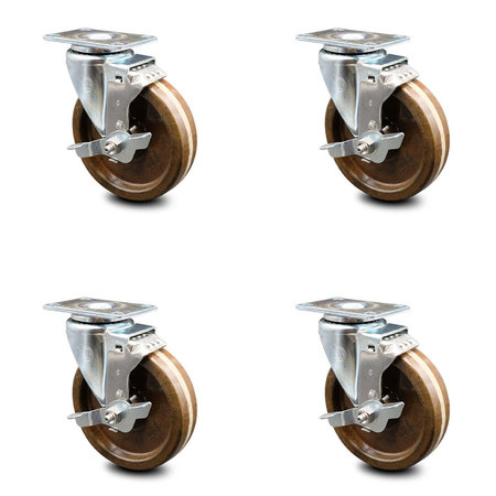 SERVICE CASTER 5 Inch High Temp Phenolic Wheel Swivel Top Plate Caster Set with Brake SCC SCC-20S514-PHRHT-TLB-TP3-4